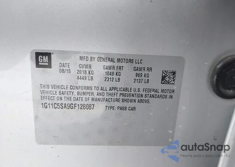 2016 Chevrolet Malibu Limited Lt z USA, uszkodzony, nr VIN 1G11C5SA9GF128087